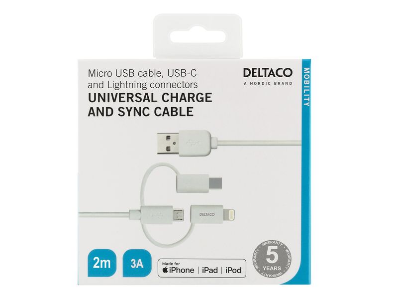 Deltaco Laddkabel 3-i-1 Micro USB/USB C/Lightning
